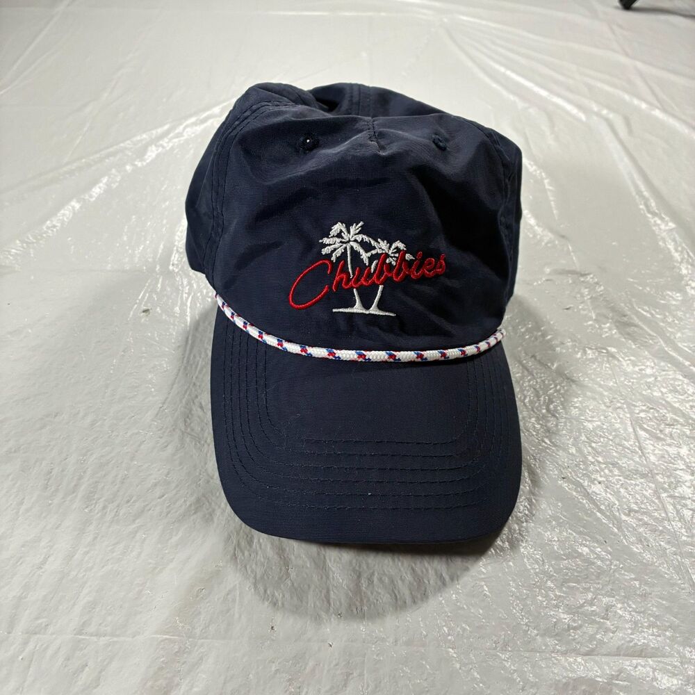 Chubbies Strapback Hat Navy Blue Nylon Rope Red Script Palm Trees Cap